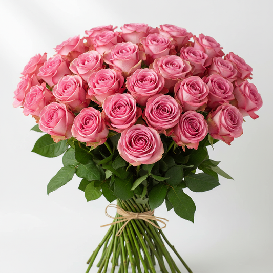 Farm-fresh bulk pink roses, 25 stems per bunch, white background